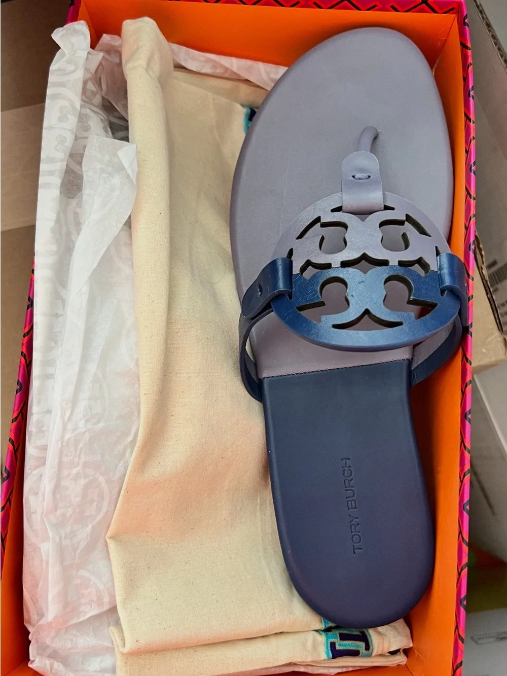 Tory Burch Navy and Lavender Miller Logo Toe-Post Sandal